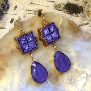 Purple Tile Mosaic Hand Painted & Swarovski Crystal In Gold Plated Earrings